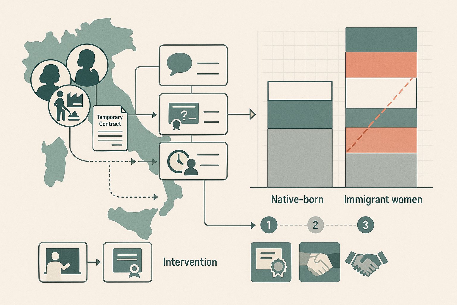 Infografica che confronta i risultati lavorativi italiani per donne immigrate versus native.