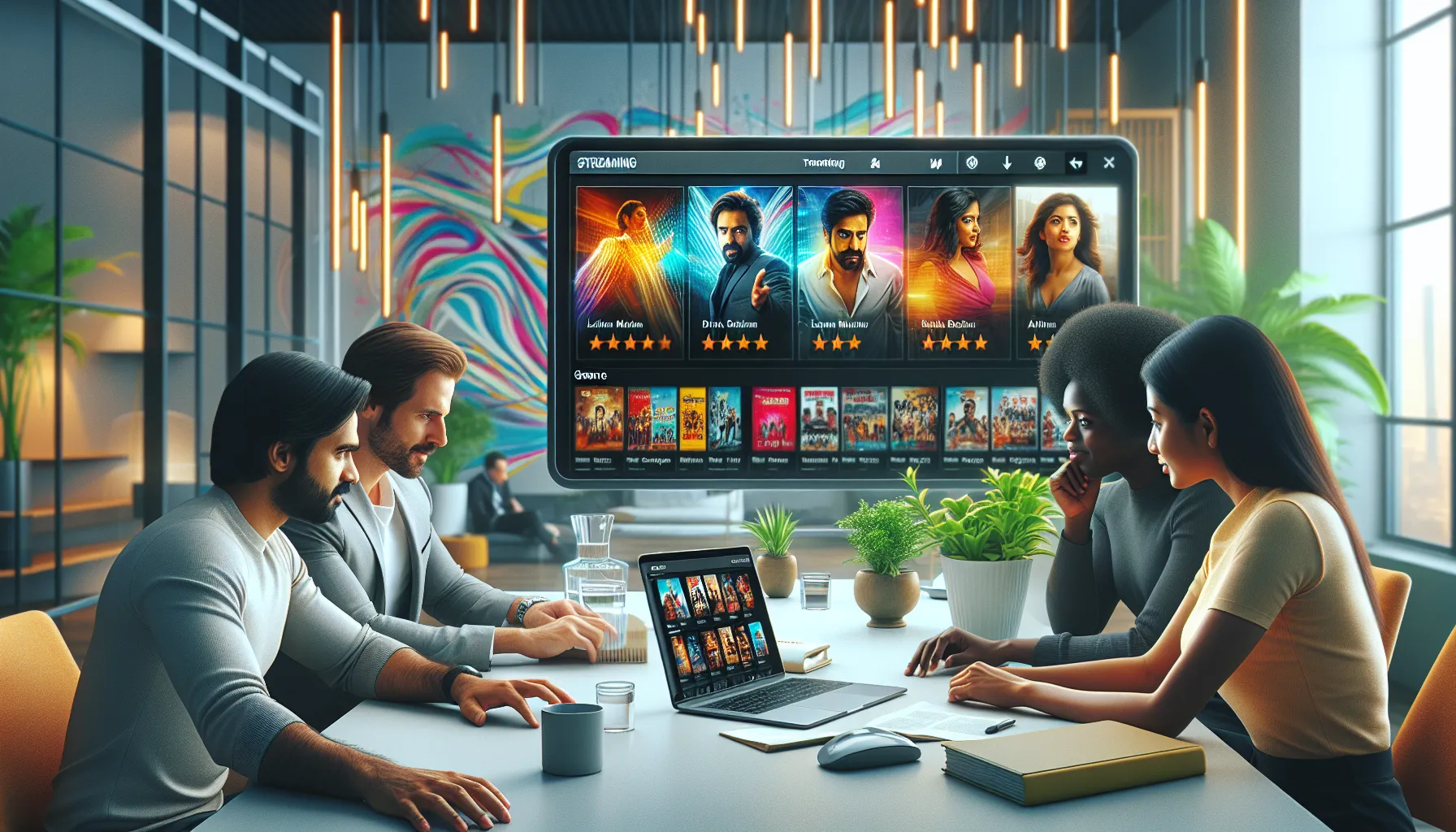 Group of professionals exploring the Movieswap.in platform on a laptop.