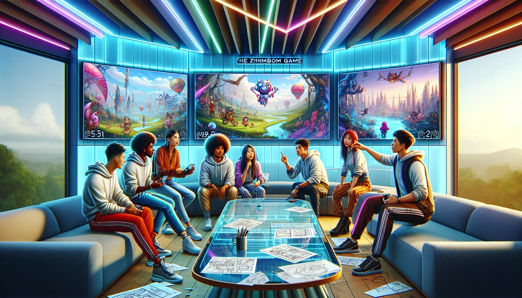 diverse gamers brainstorming ideas for future Zhimbom Game updates.