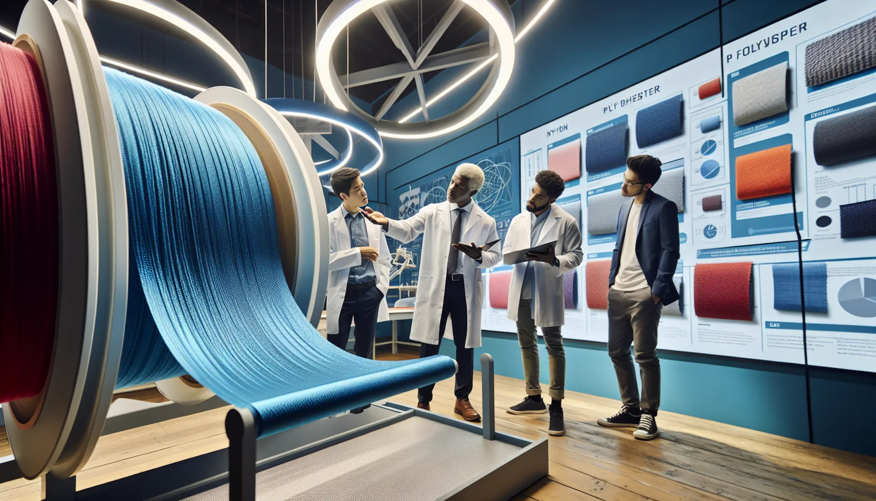 A researcher examines nylon and polyester fabrics in a textile lab.