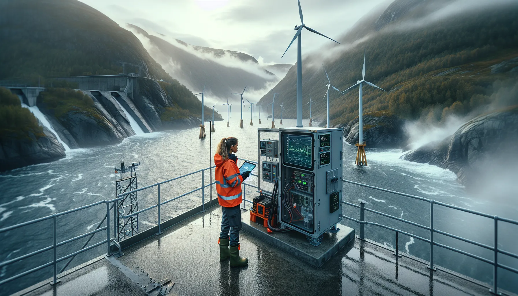 Norsk innovasjon innenfor fornybar energi 3 Engineer with tablet checks renewable energy equipment on a norwegian fjord coast.