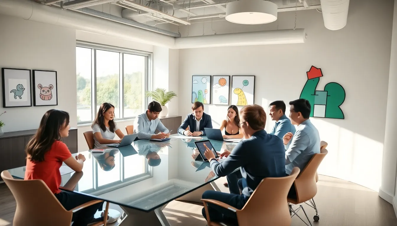 diverse team collaborating on game development in a modern office.