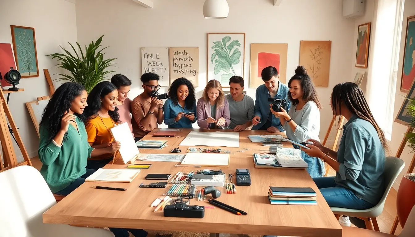 diverse artists collaborating in a bright, modern creative studio.