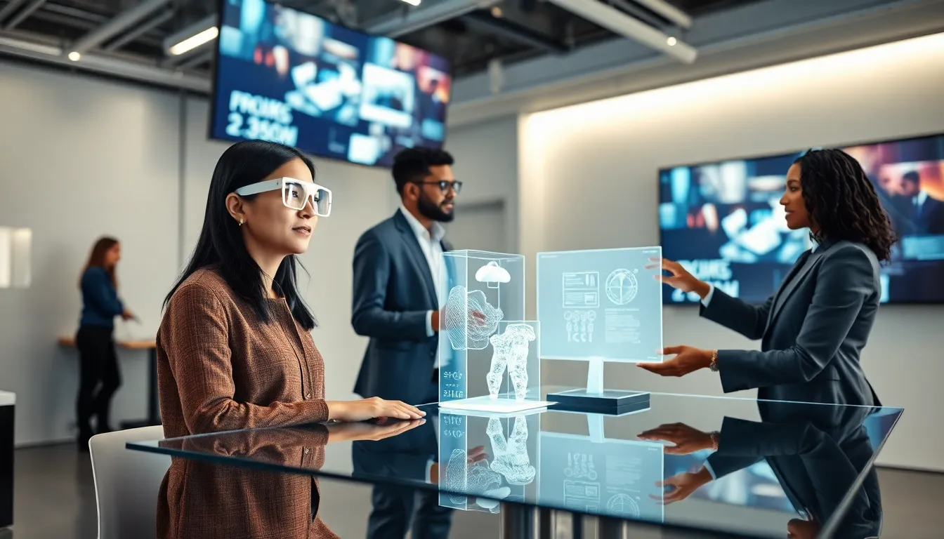 diverse professionals engaging with augmented and mixed reality technology in an office.