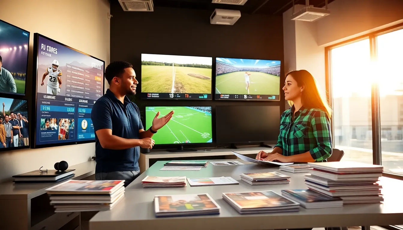 two journalists discussing football and golf news in a modern sports newsroom.