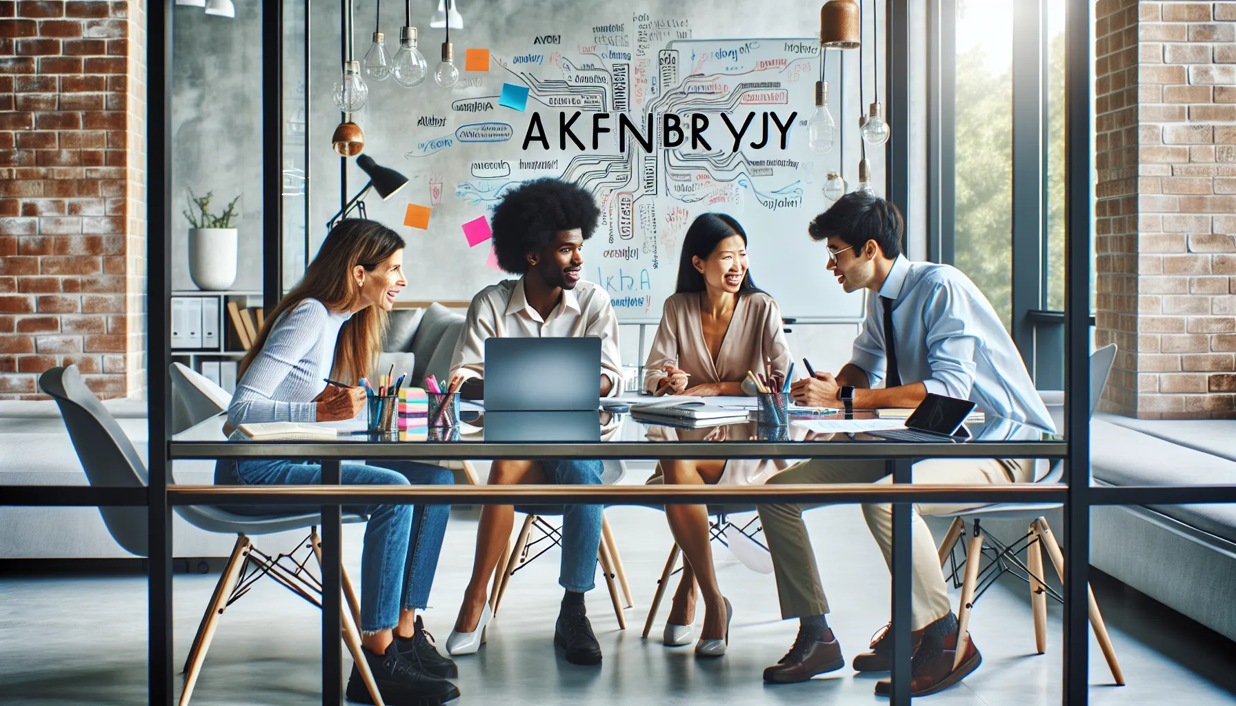 diverse team brainstorming in a modern office about language evolution.