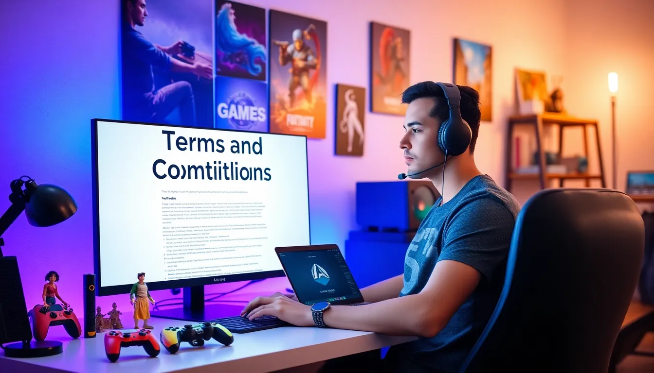 A gamer reviewing terms and conditions in a modern gaming setup.