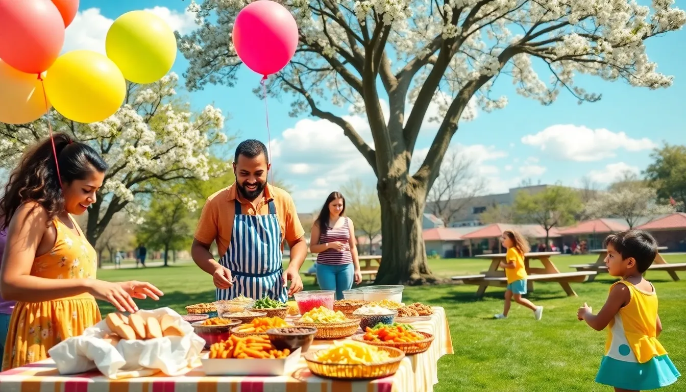 A diverse group celebrating at a community park with homemade food and decorations.