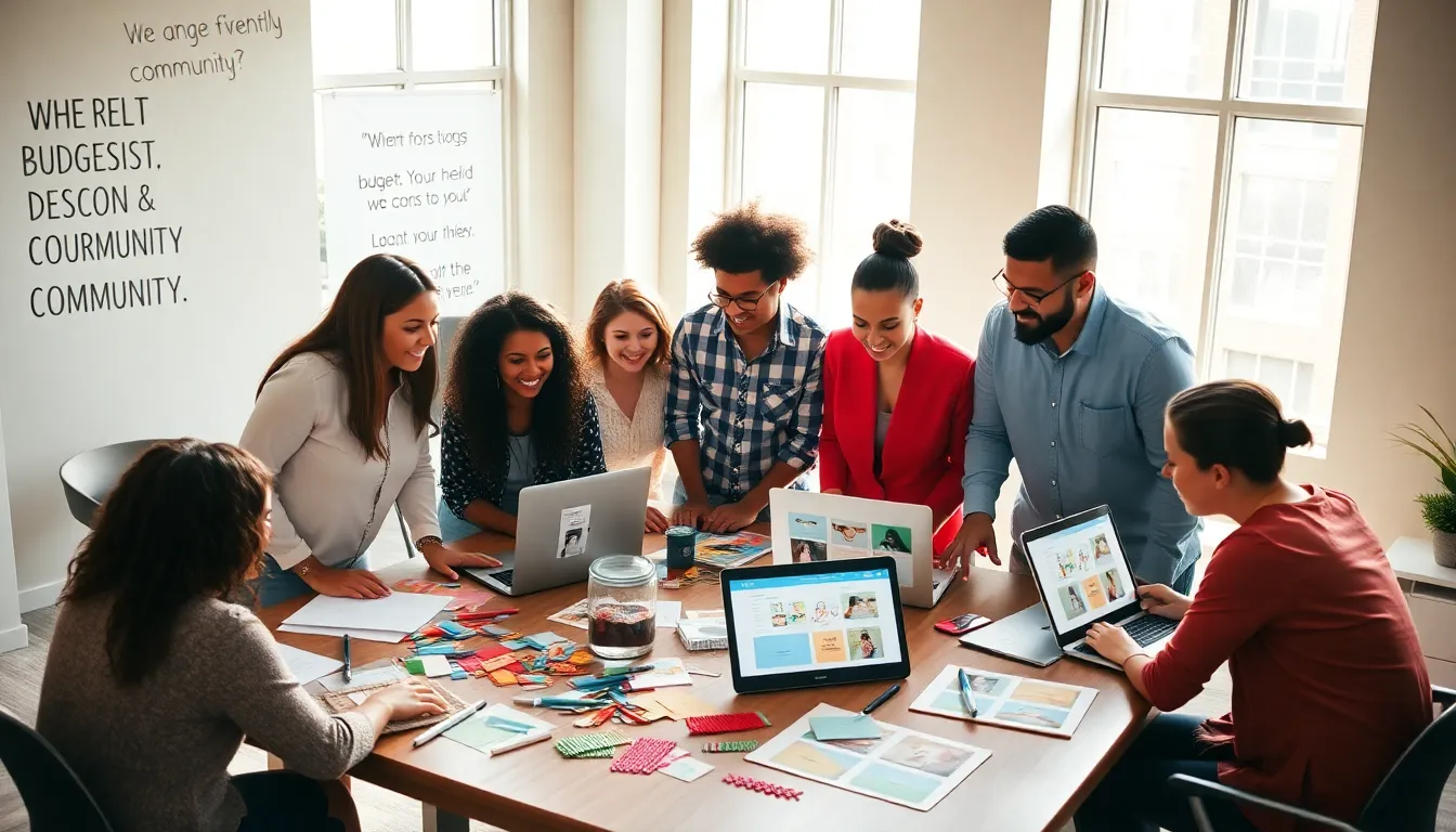 diverse team brainstorming for a budget-friendly event in a modern office.