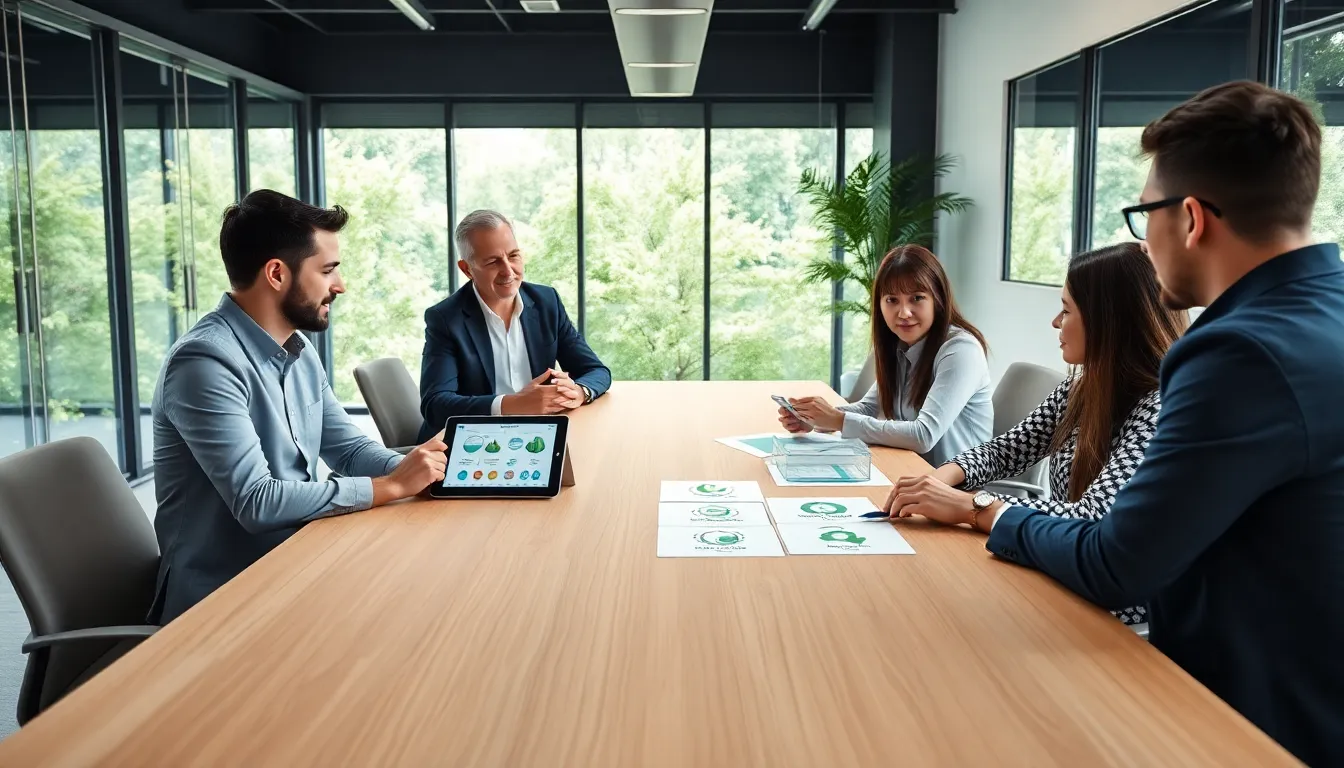 Living Pristine: A Comprehensive Guide to Sustainable Living 8 professionals discussing sustainable living principles in a modern office.