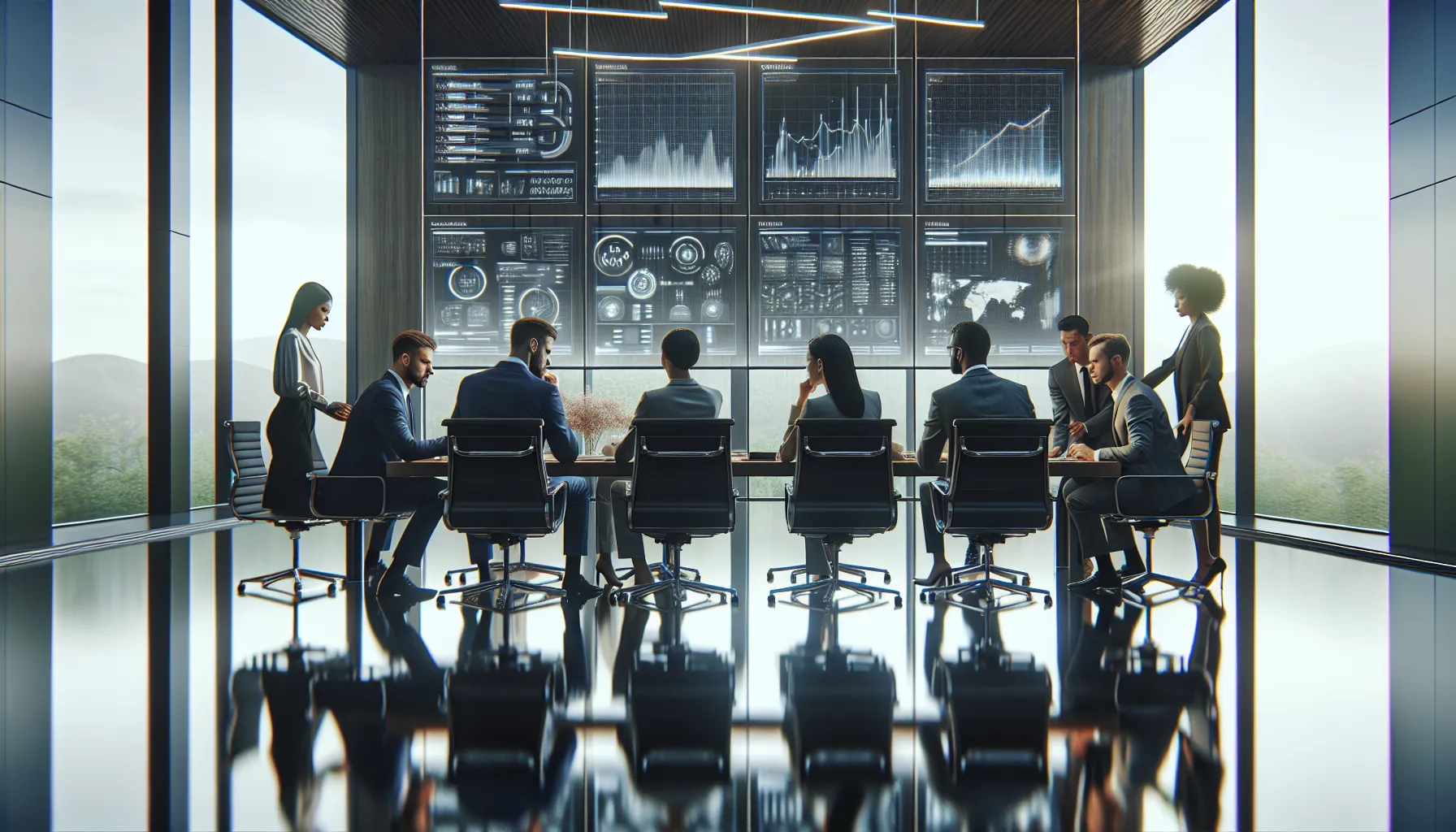diverse team analyzing data in a modern office setting.