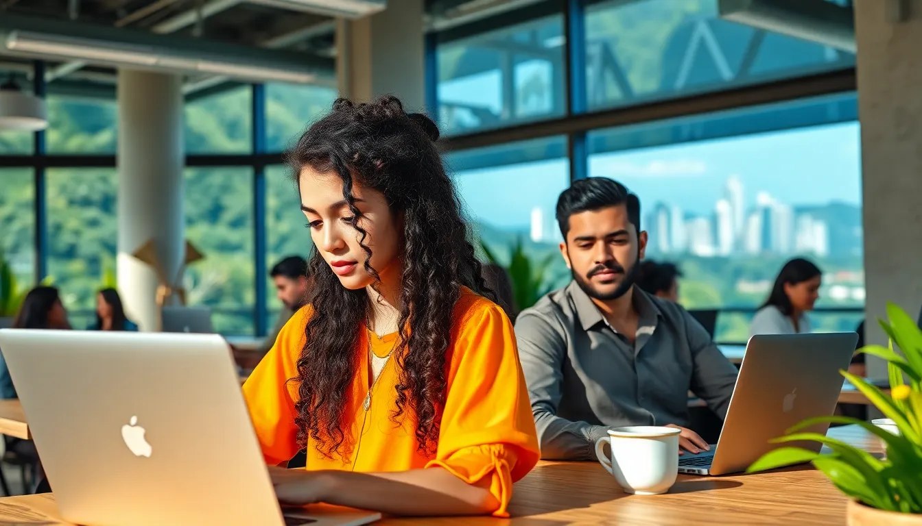 diverse professionals working in a modern Colombian coworking space.