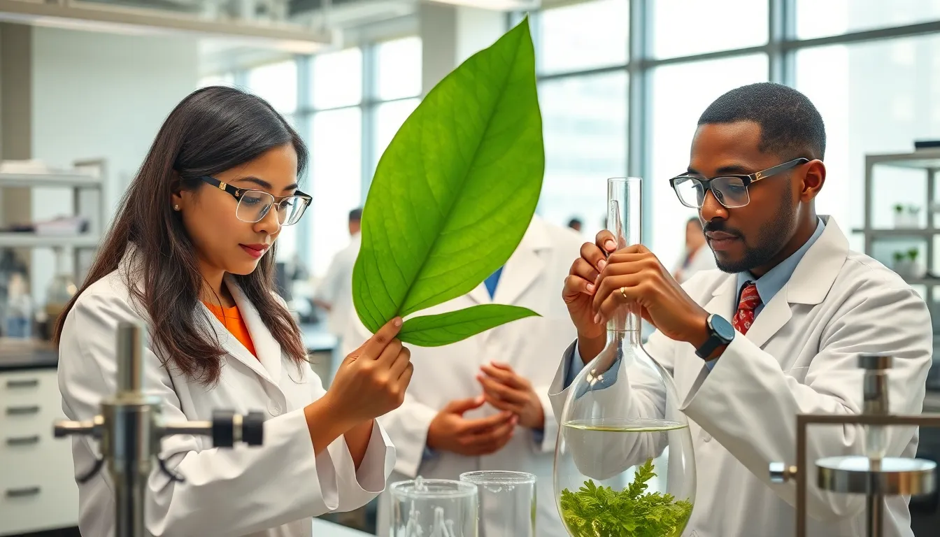 diverse researchers analyzing plants in a modern laboratory.