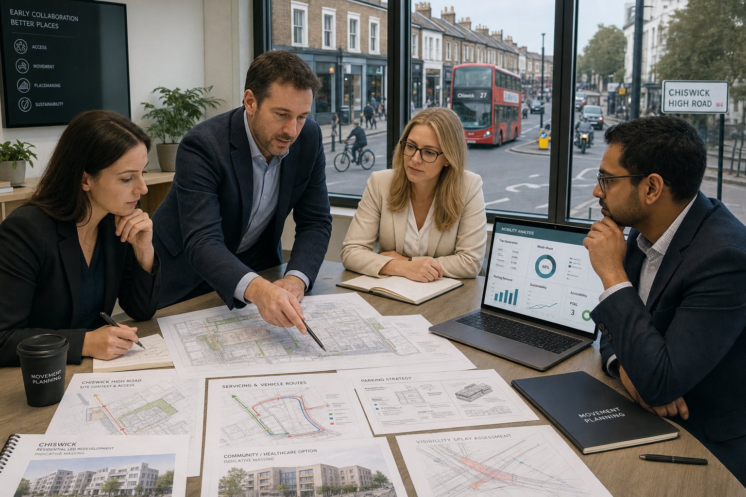 Traffic engineer reviewing urban site plans with a design team in office.