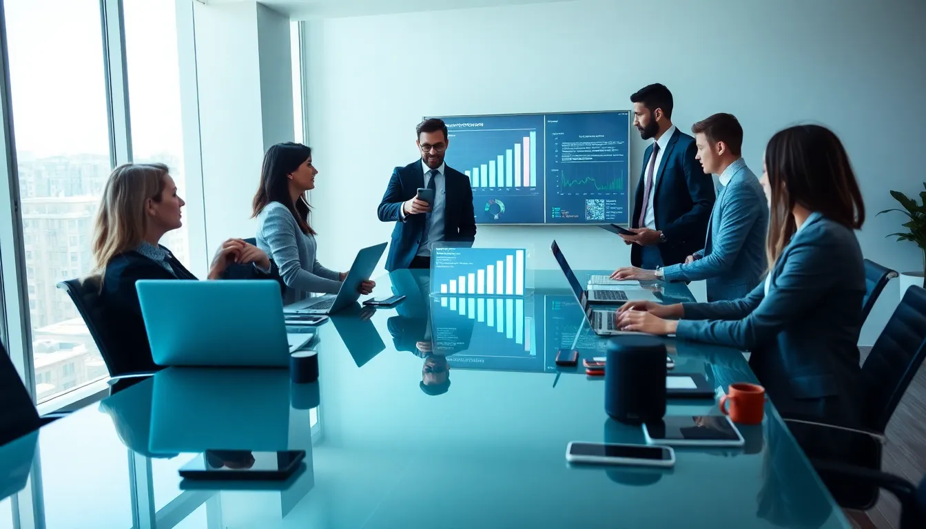 diverse team collaborating on digital marketing tools in a modern office