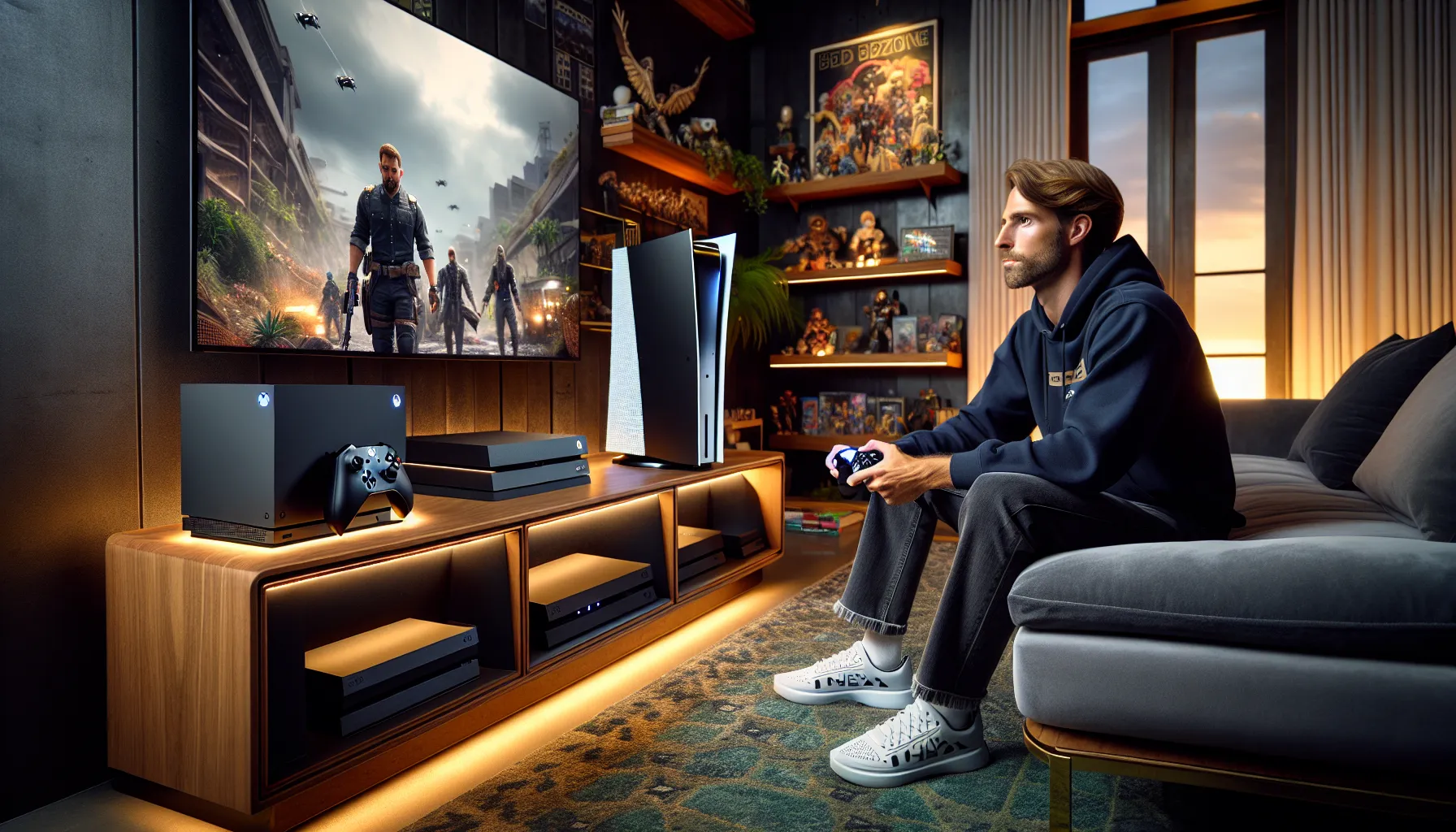 A gamer comparing Xbox Series X and PS5 in a cozy living room.