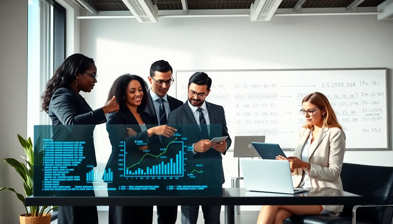 diverse team analyzing numerical data in a modern office