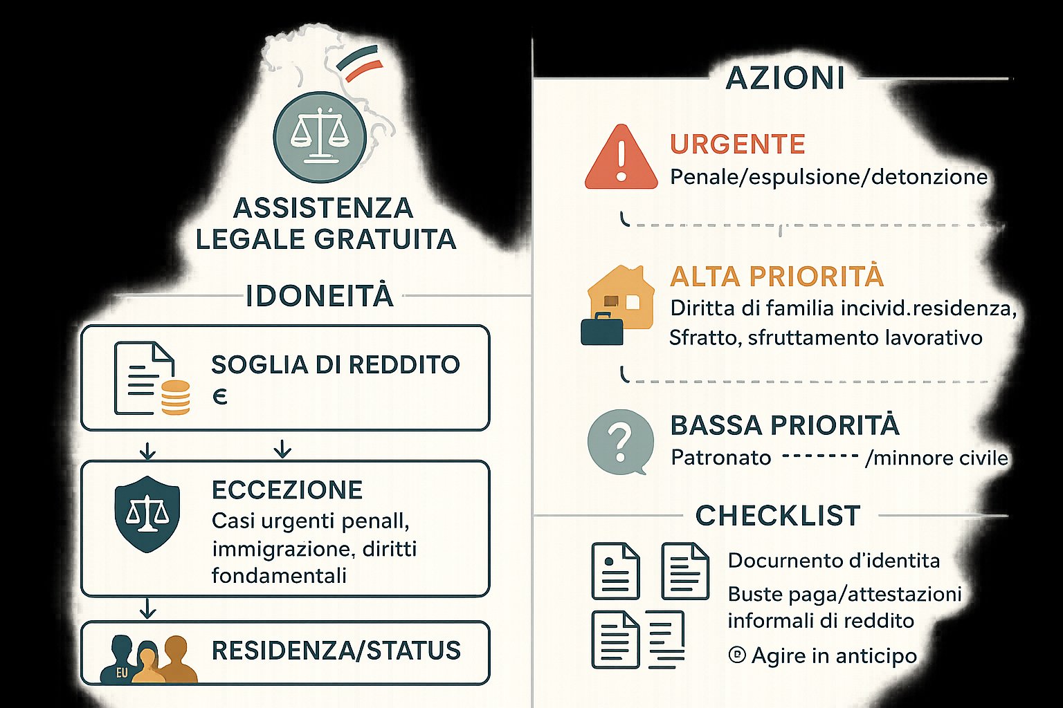 Infografica che mostra il flusso di idoneità e la tempistica per l'assistenza legale gratuita per stranieri in Italia.