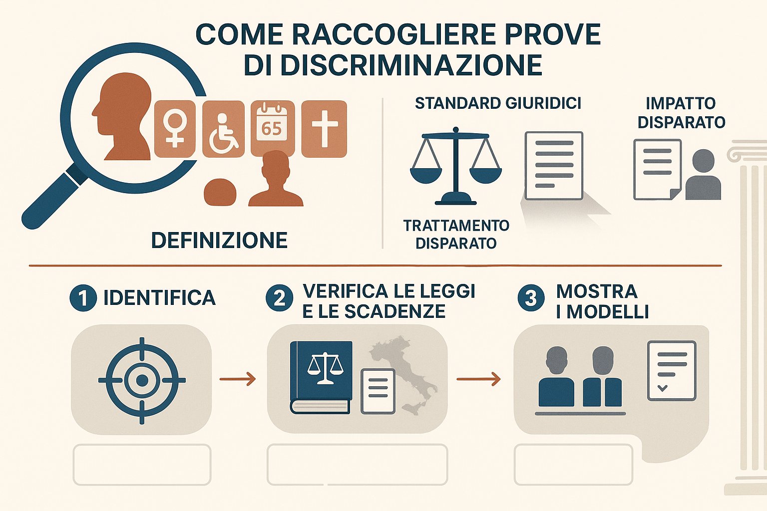 Guida visiva che mostra i passi per raccogliere prove di discriminazione.
