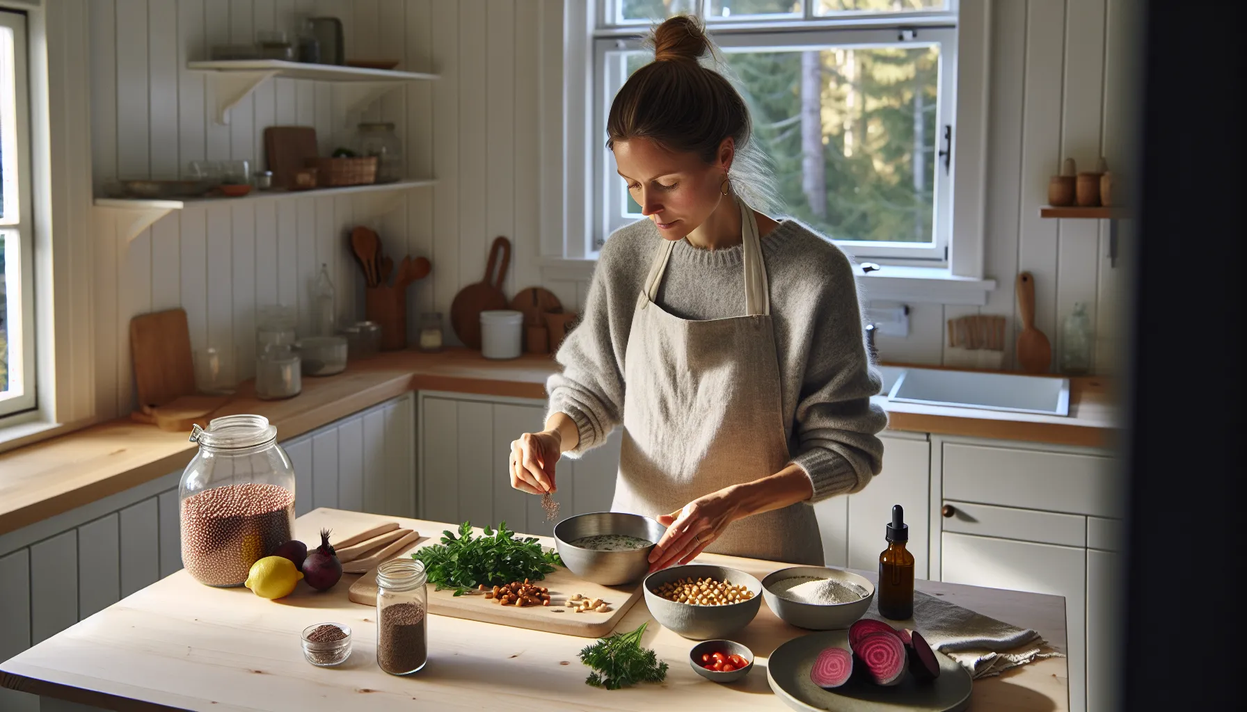 Hjertevennlige matvarer for vegetarianere 2 Norwegian woman preparing a heart-healthy vegetarian grain and legume bowl.