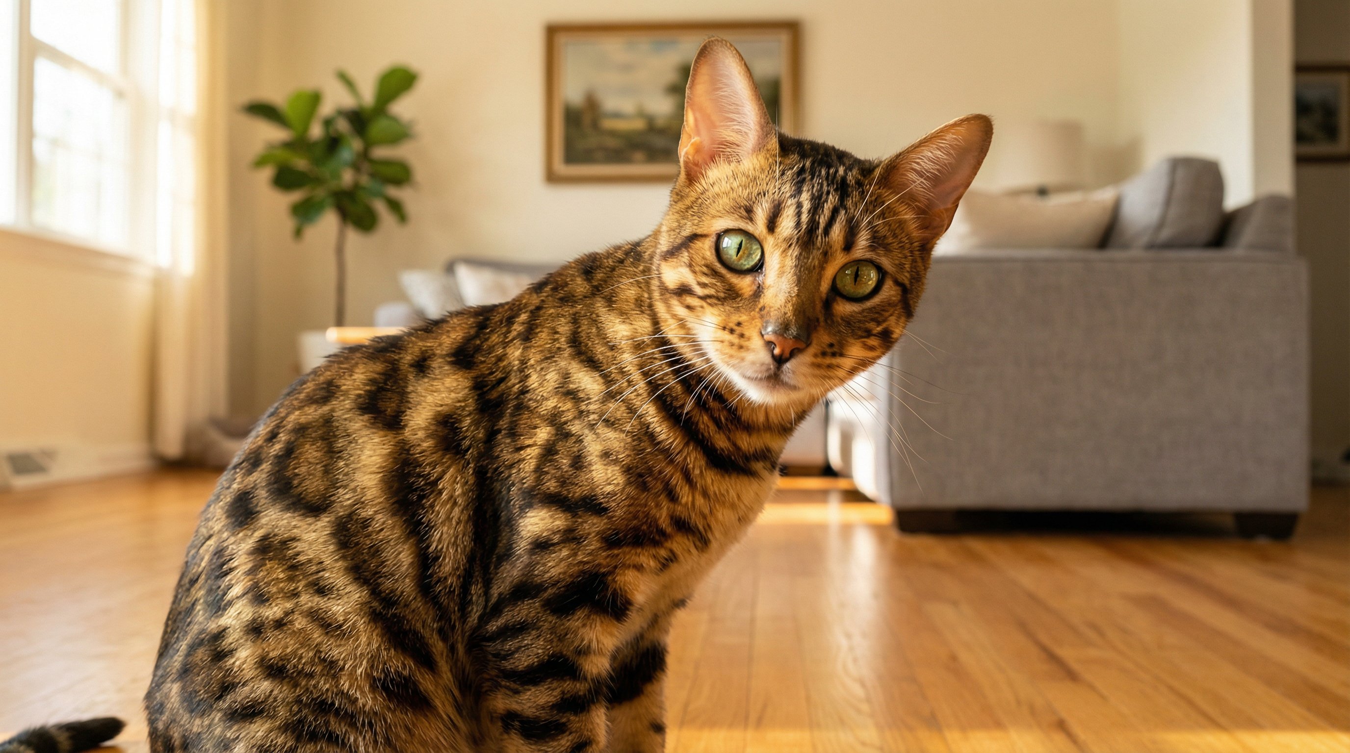 Close-up portrait of a Bengal cat with vivid green eyes in sunlit room.