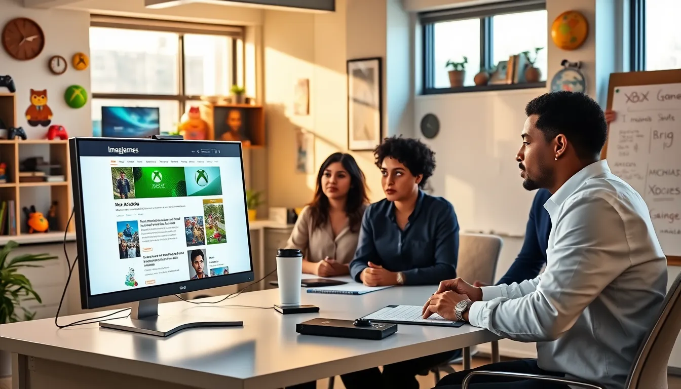 professionals collaborating over Xbox articles in a modern office setting.