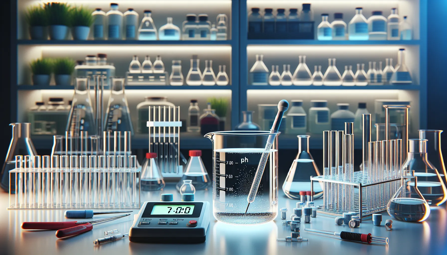 A laboratory scene with a pH meter measuring liquid in a beaker.