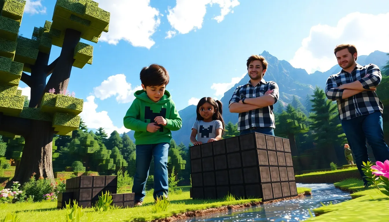 players collaborating on a redstone contraption in a vibrant Minecraft landscape.