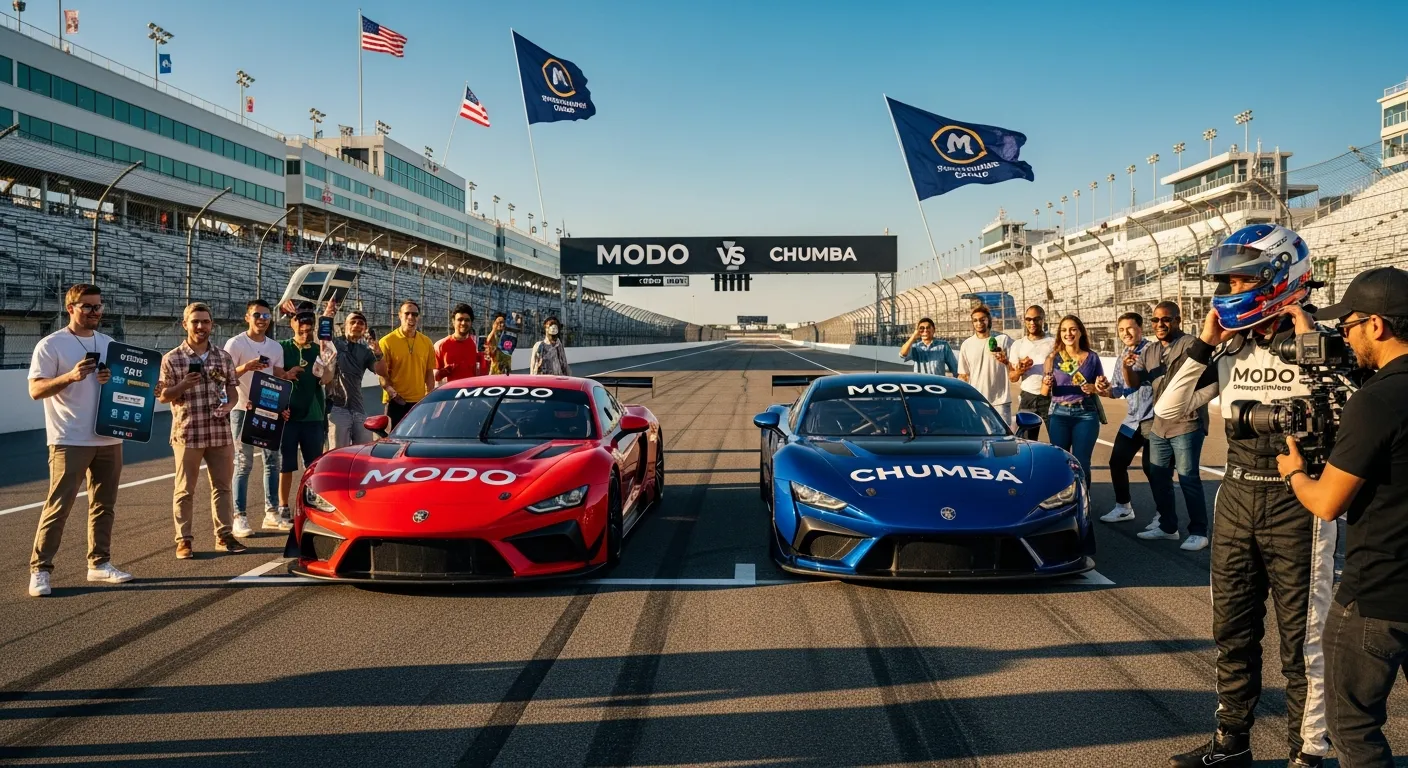Two race cars sponsored by Modo and Chumba at a U.S. race track event.