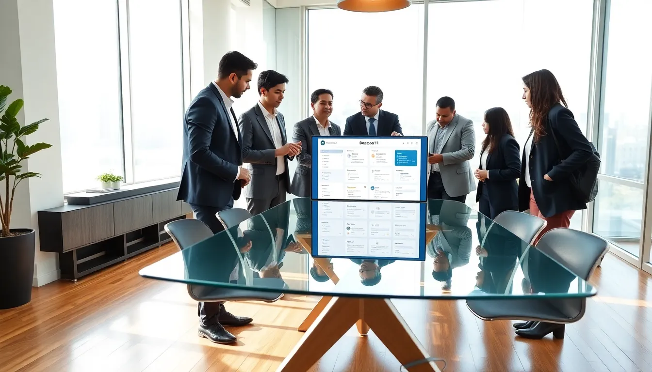 diverse team collaborating with the Dezeco11 platform in a modern office.