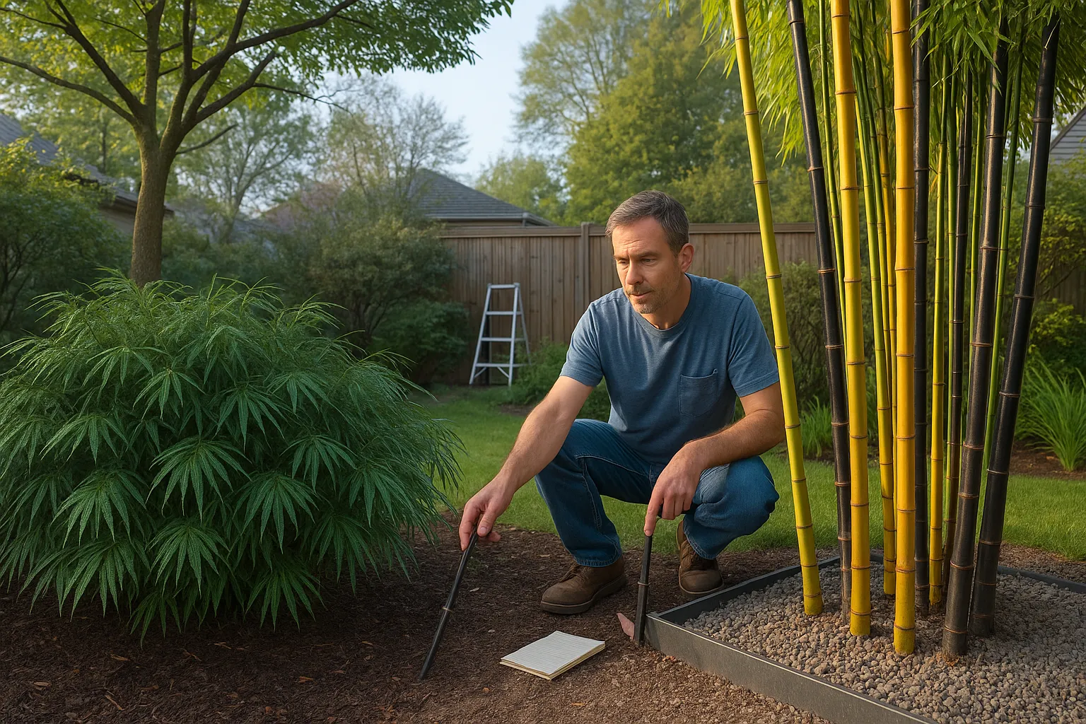Side-by-side Fargesia clump in shade and tall sunny Phyllostachys culms.
