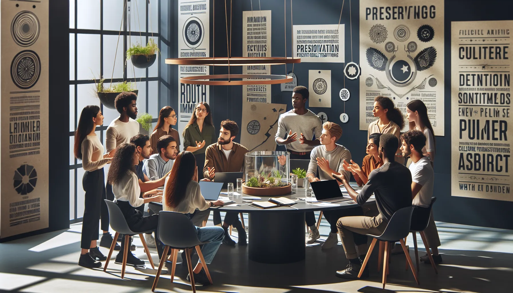 diverse group brainstorming in a modern workshop about preserving Tunegalpre.