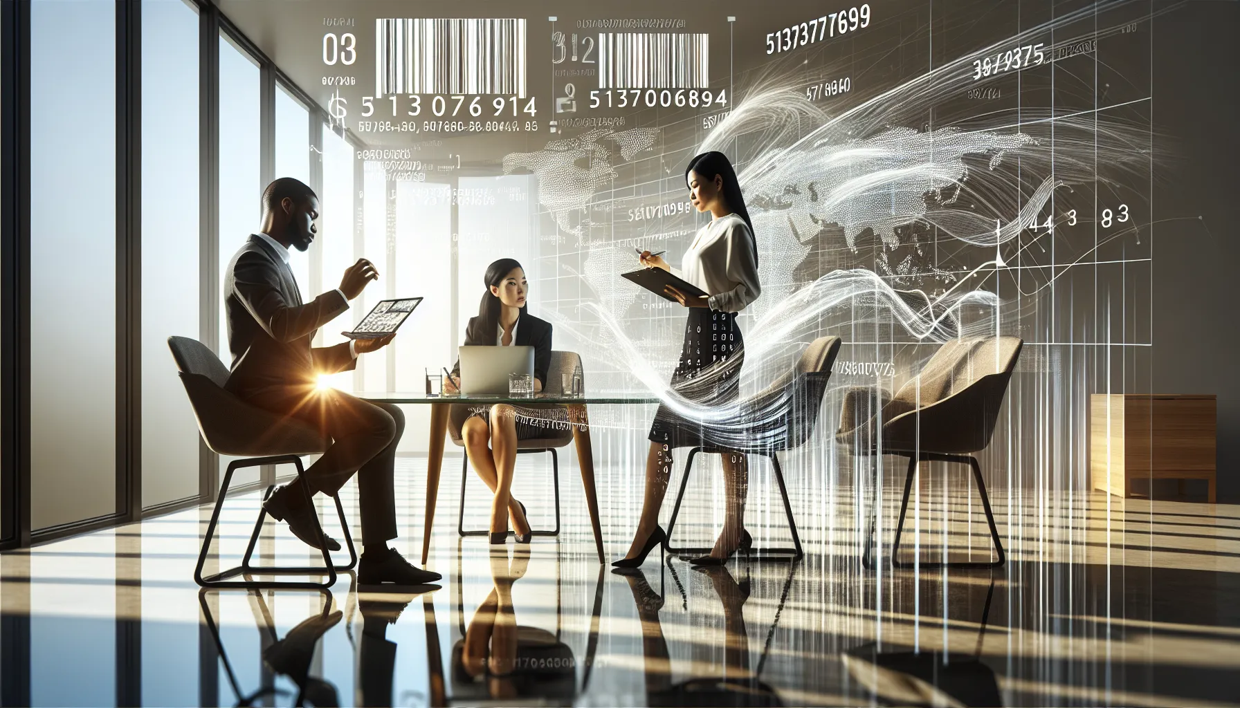 diverse team collaborating over product codes in a modern office.