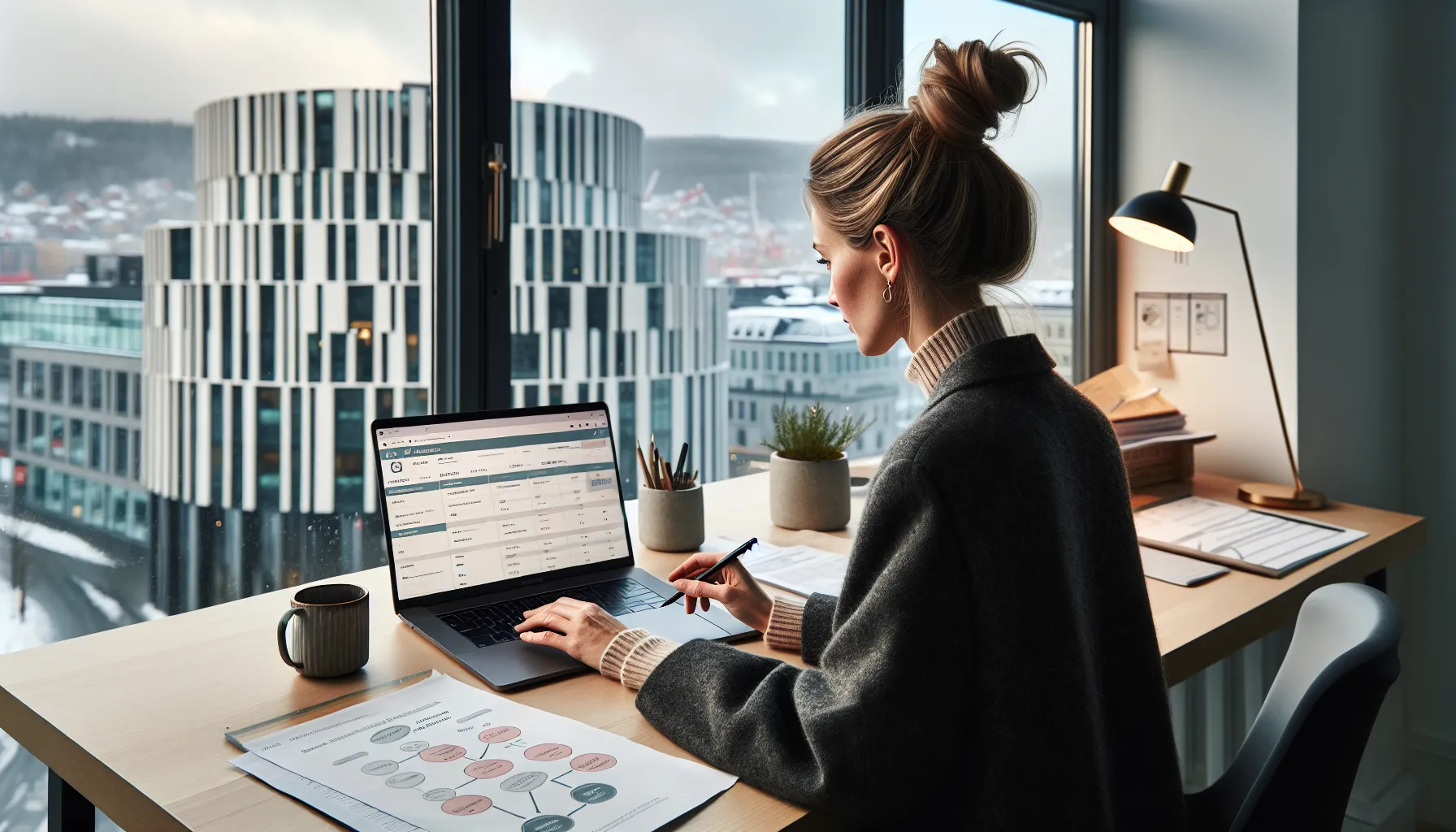 Norwegian procurement officer reviews doffin tender and evaluation matrix in oslo office.