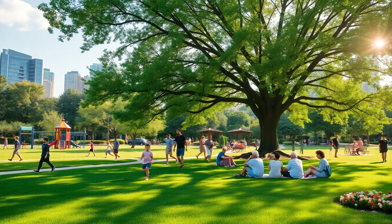 diverse people enjoying a sunny day in a city park.