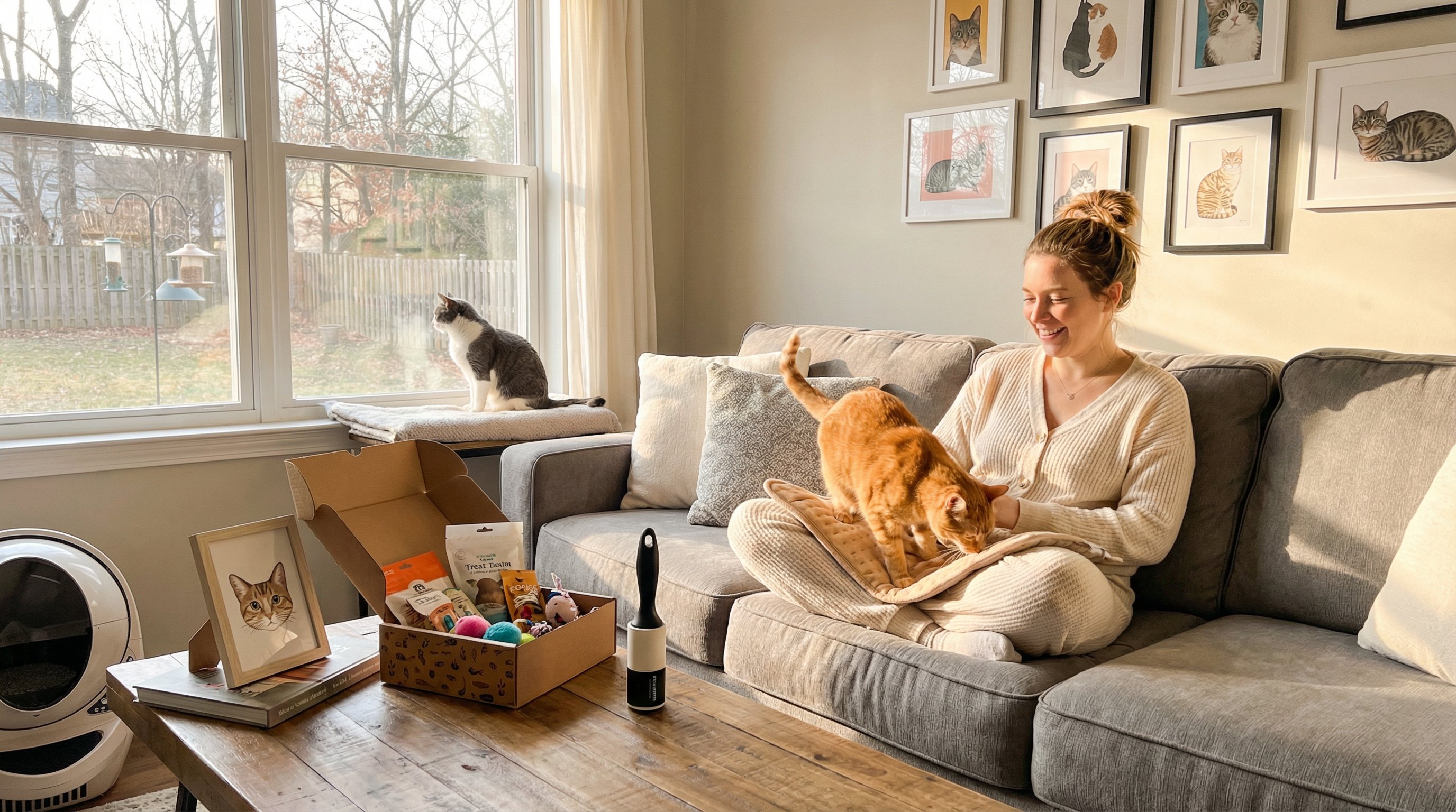 Woman relaxing on couch with her cat surrounded by practical cat mom gifts.