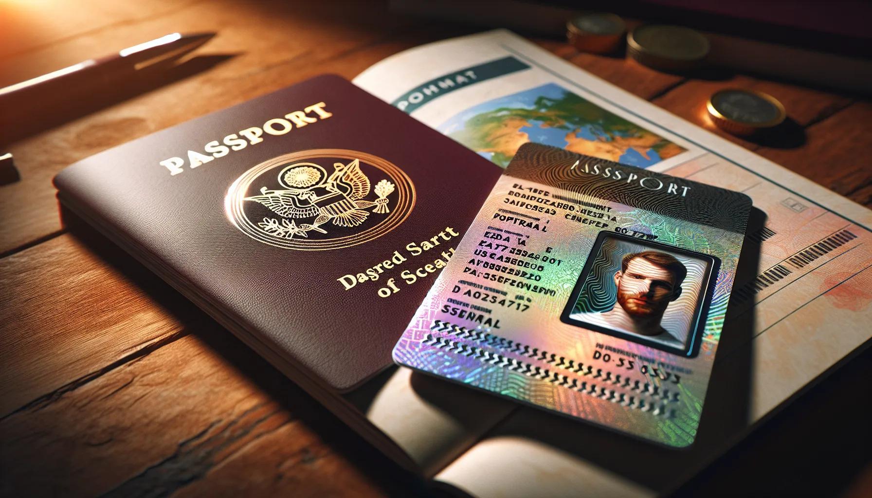 A US passport card and passport book placed side by side on a wooden desk.