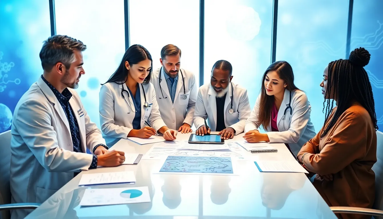 medical professionals discussing Tadicurange disease in a modern office.