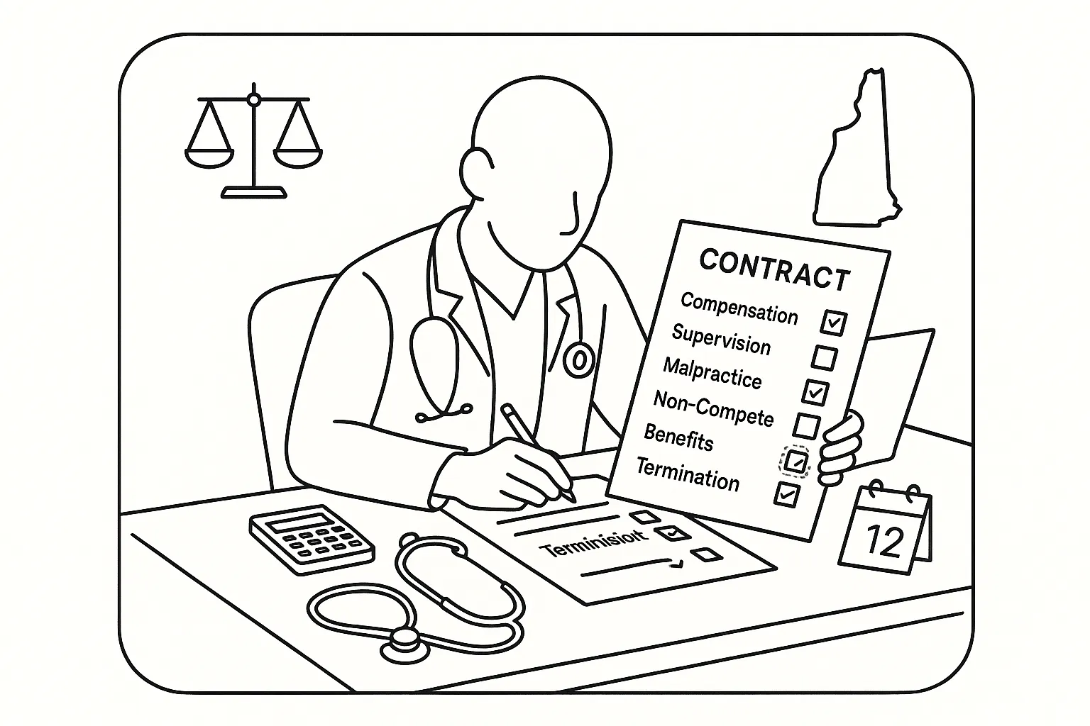 Physician assistant at desk reviewing a contract checklist and icons.