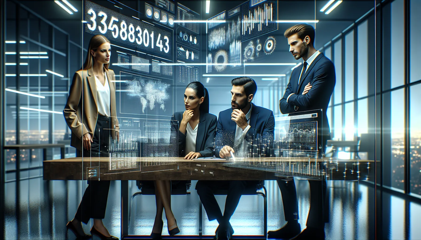 diverse team analyzing a digital display in a modern office.