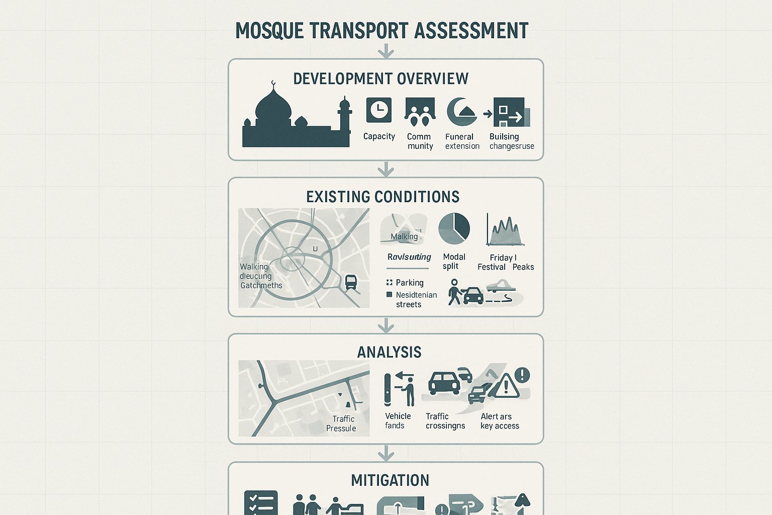 Infographic showing key parts of a mosque transport assessment process.