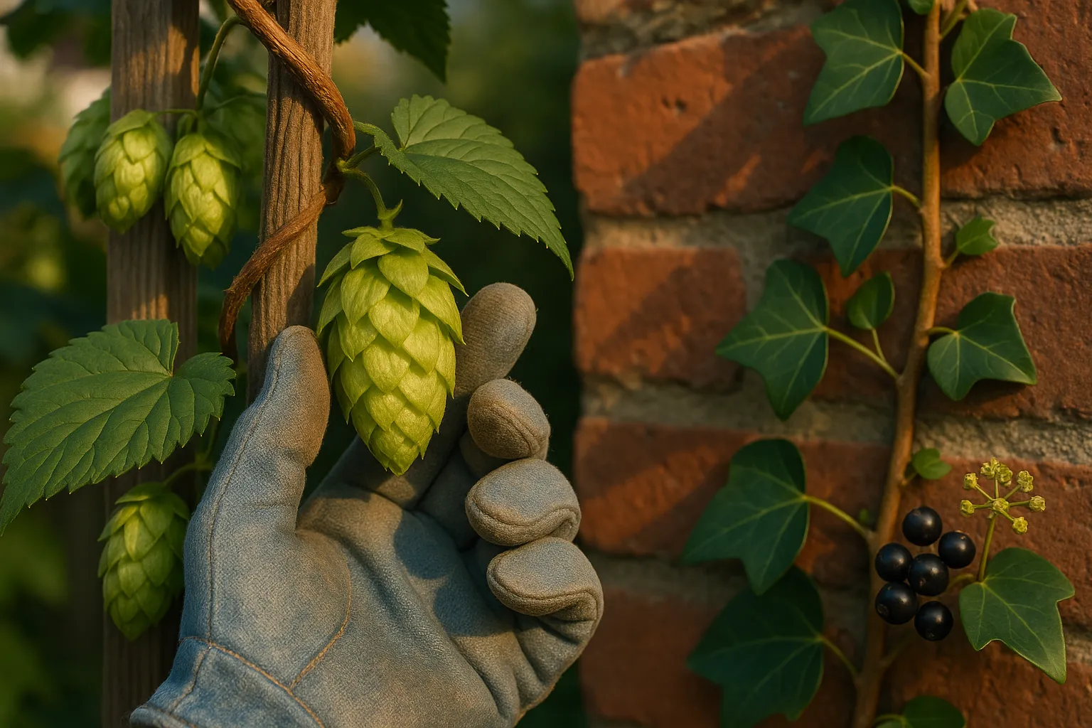 Close-up hops cones on a trellis beside ivy climbing a brick wall.