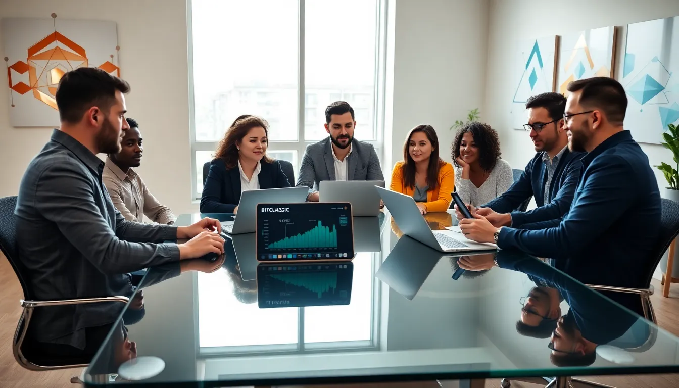 diverse team discussing cryptocurrency in a modern office.