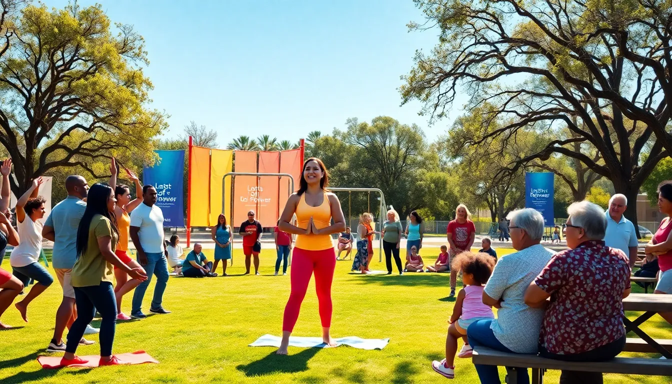 A diverse community enjoying wellness activities in a sunny park.