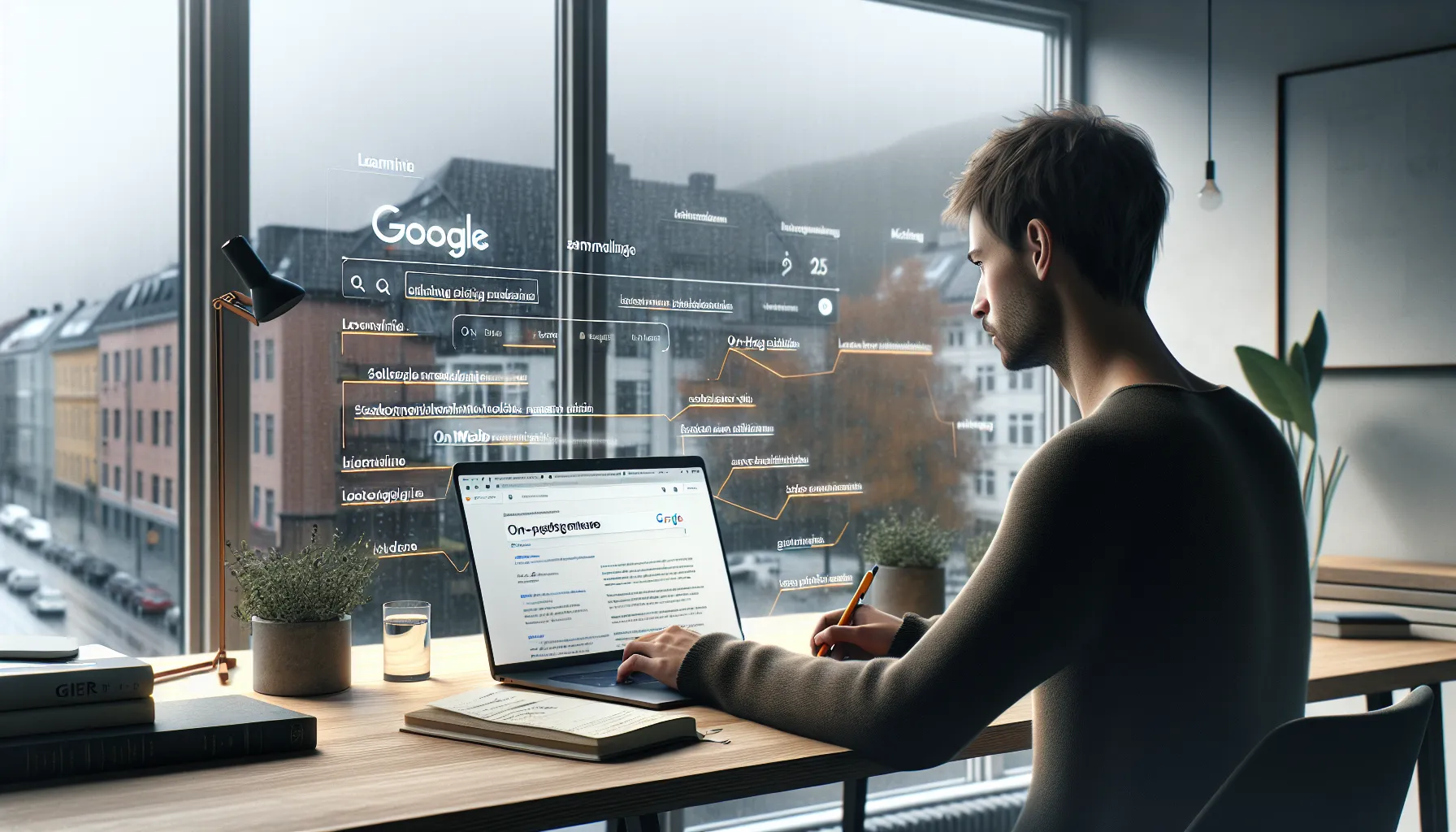 Norwegian marketer planning seo keywords for an online course on a laptop.