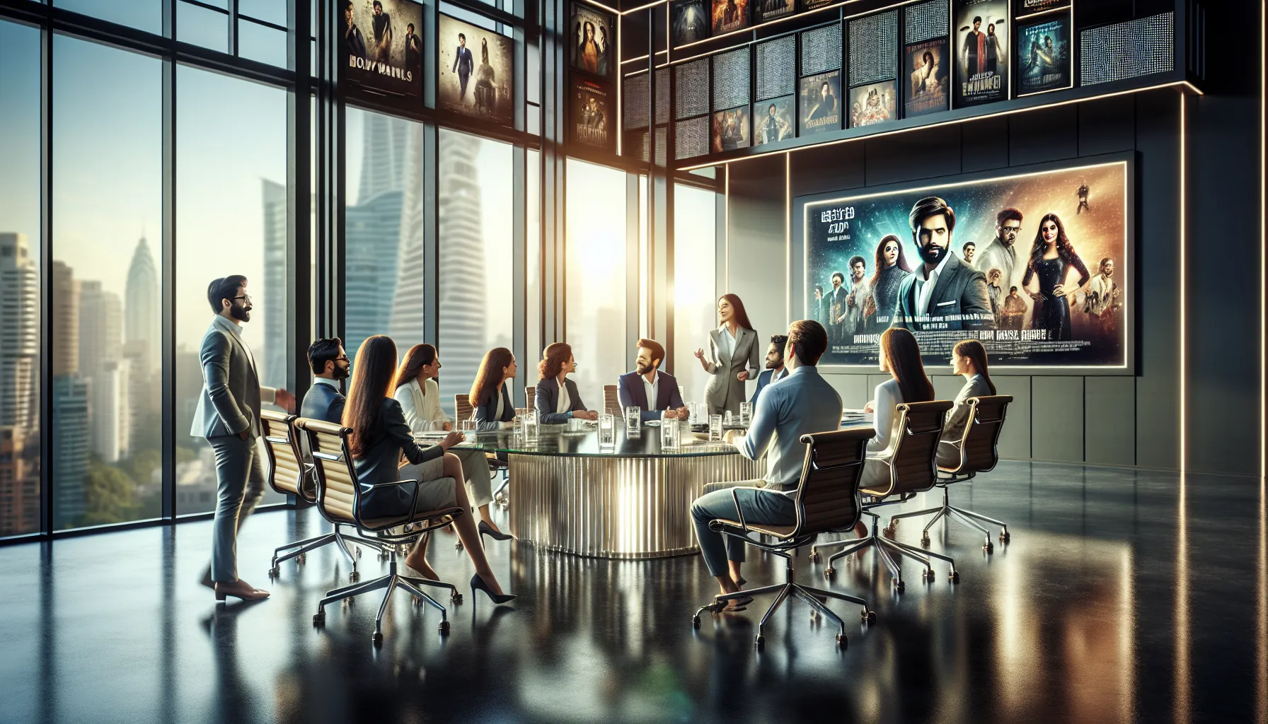 diverse professionals discussing Bollywood news in a modern office.