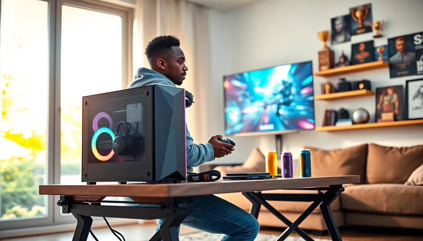 a gamer using a transport gaming PC in a bright living room.