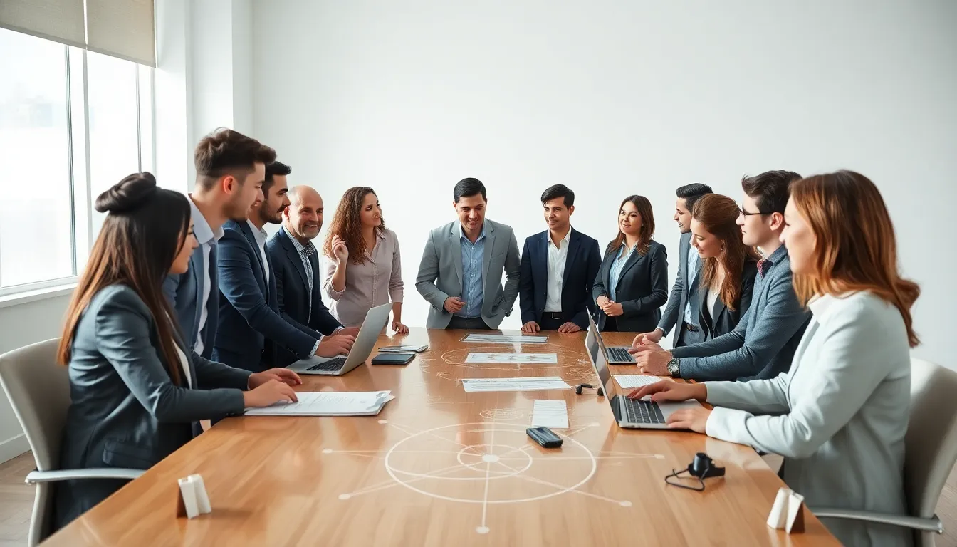 diverse professionals collaborating in a modern office setting.