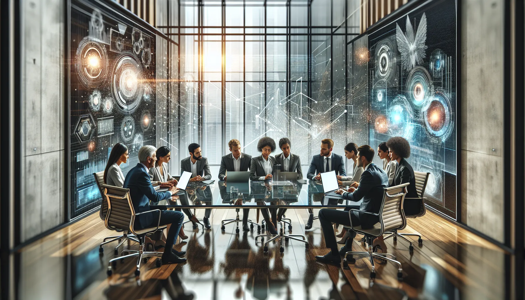 diverse team collaborating in a bright, modern conference room.