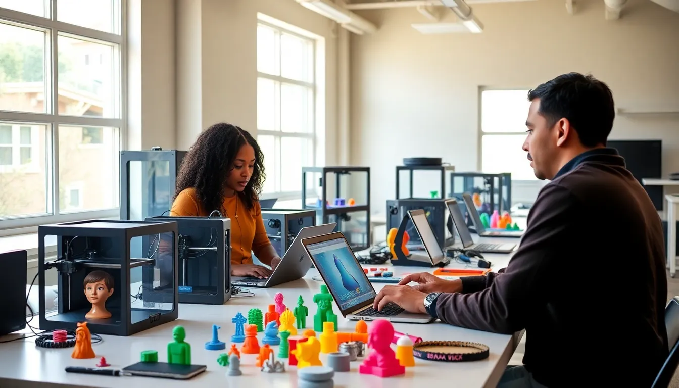 diverse team engaged in 3D printing activities in a modern workshop.